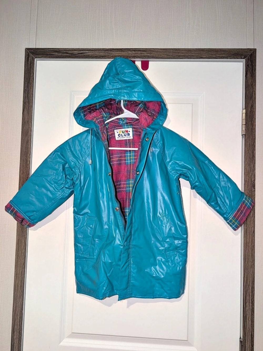 Fun Club Kids Plaid Lined Raincoat in Blue Like New